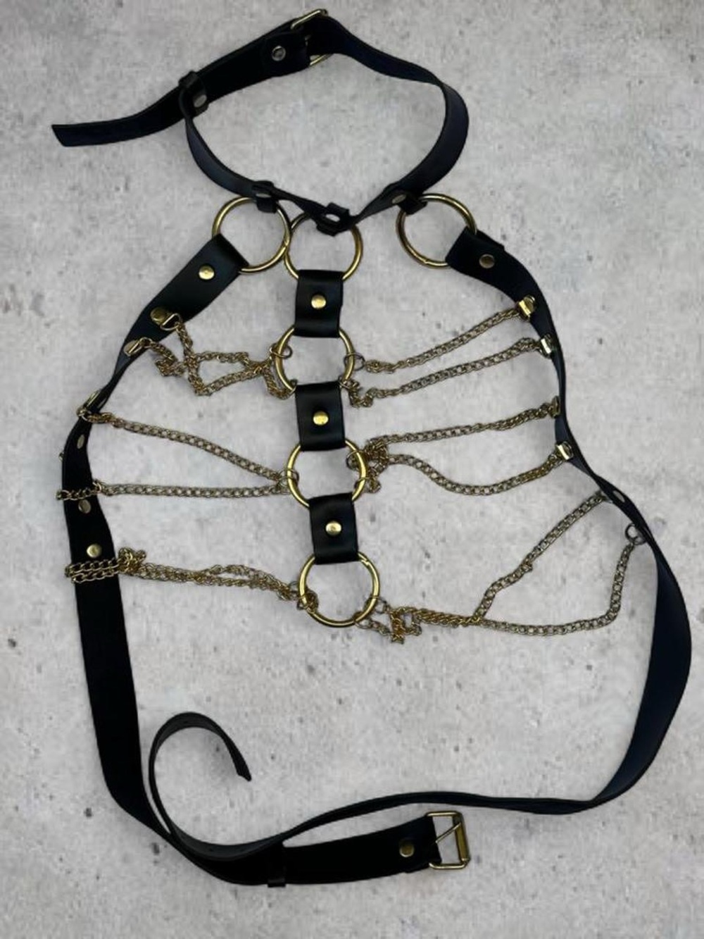Black Faux Leather & Gold Chain Body Harness - Women Accessories